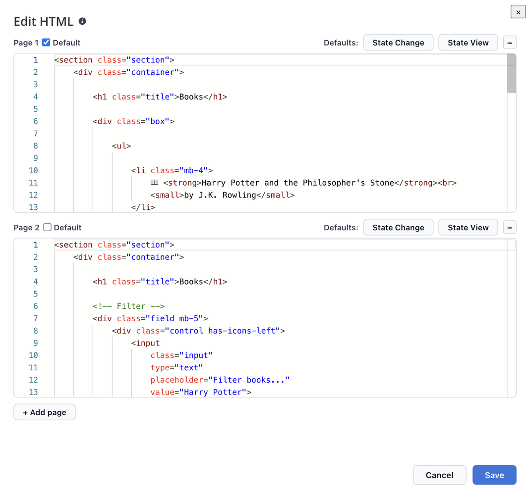 Edit HTML dialog showing Page 1 with a plain book list and Page 2 with a filter input field